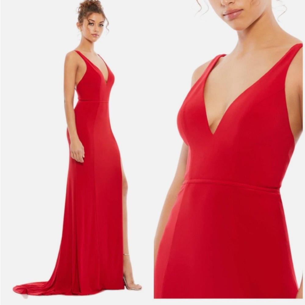 Mac Duggal Red Plunge Neck Gown — Size 12, NWT, High Slit, Elegant Formal Dress